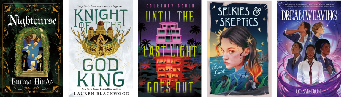 Five Book Covers: (JM) Diverse YA Reads: NIGHTCURSE, NIGHT OF THE GOD KING, UNTIL THE LAST LIGHT GOES OUT, SELKIES AND SKEPTICS, DREAMWEAVING