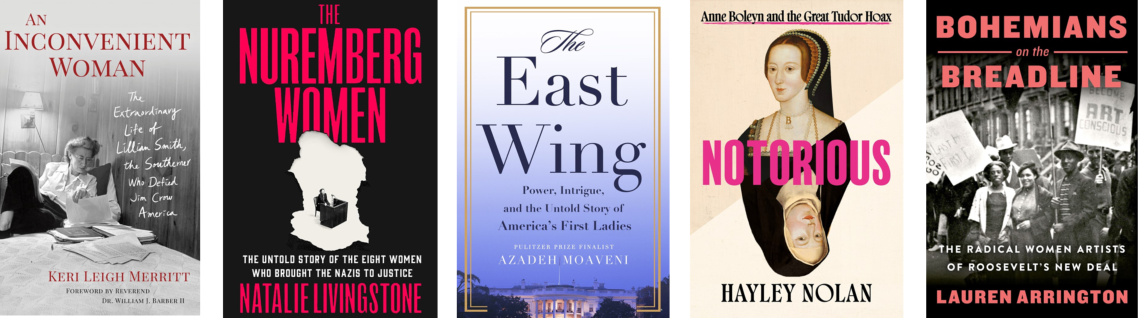 Covers for AN INCONVENIENT WOMAN, THE NUREMBERG WOMEN, THE EAST WING, NOTORIOUS, BOHEMIANS ON THE BREADLINE