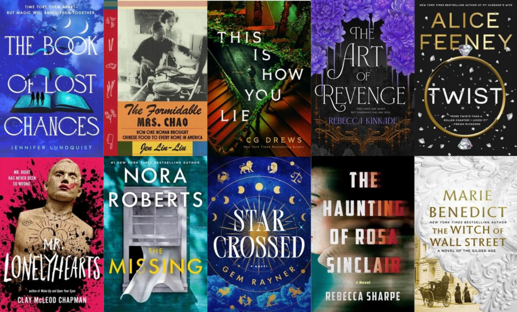 A grid of ten book covers, including titles by Alice Feeney, Nora Roberts, and Marie Benedict.